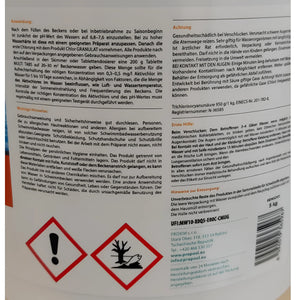 Poolchemie-Container mit deutschen Warnhinweisen für Chlortabletten 5 in 1