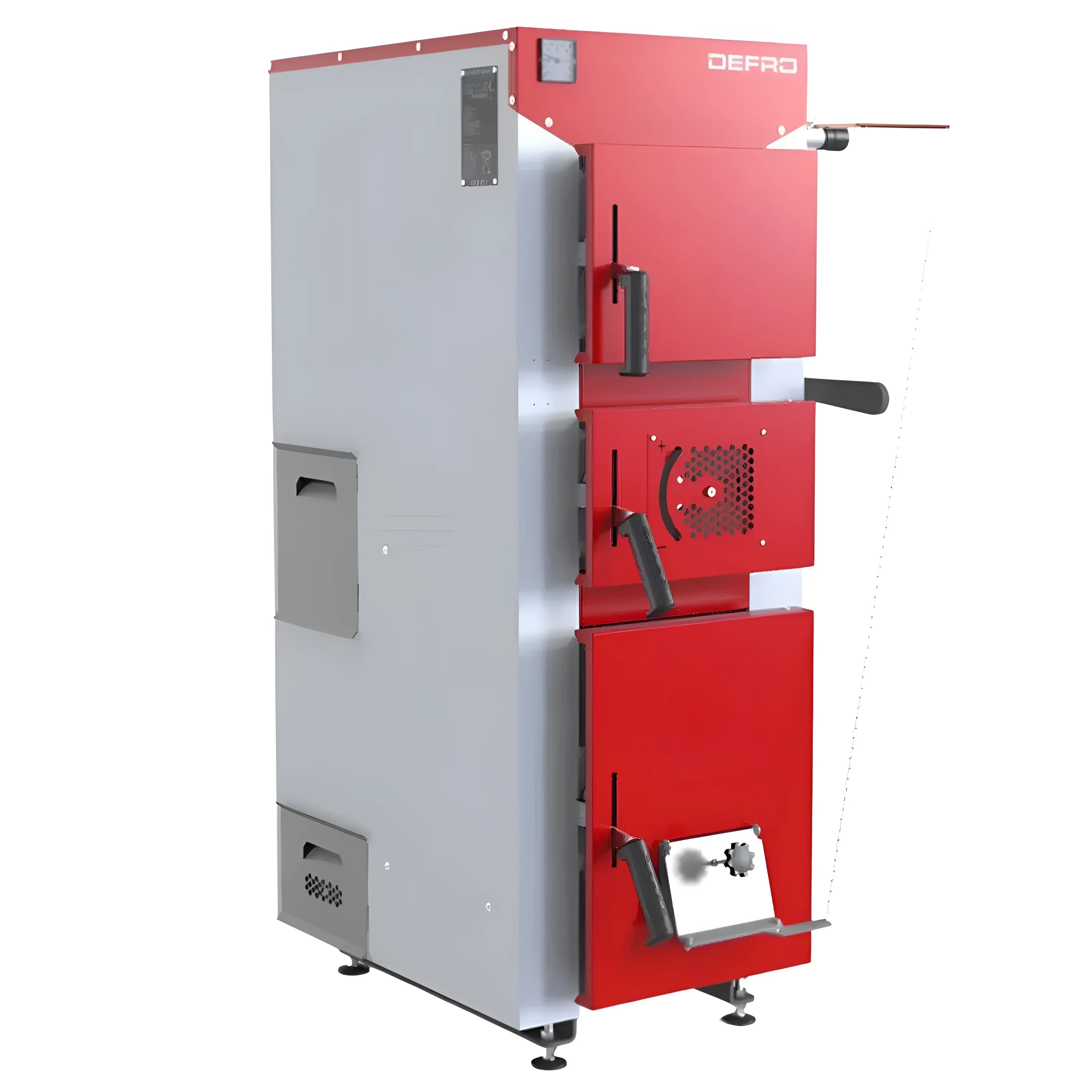 Roter und grauer Festbrennstoffkessel Defro DWS 12 kW fĂŒr effizientes Heizen mit Holz und Kohle