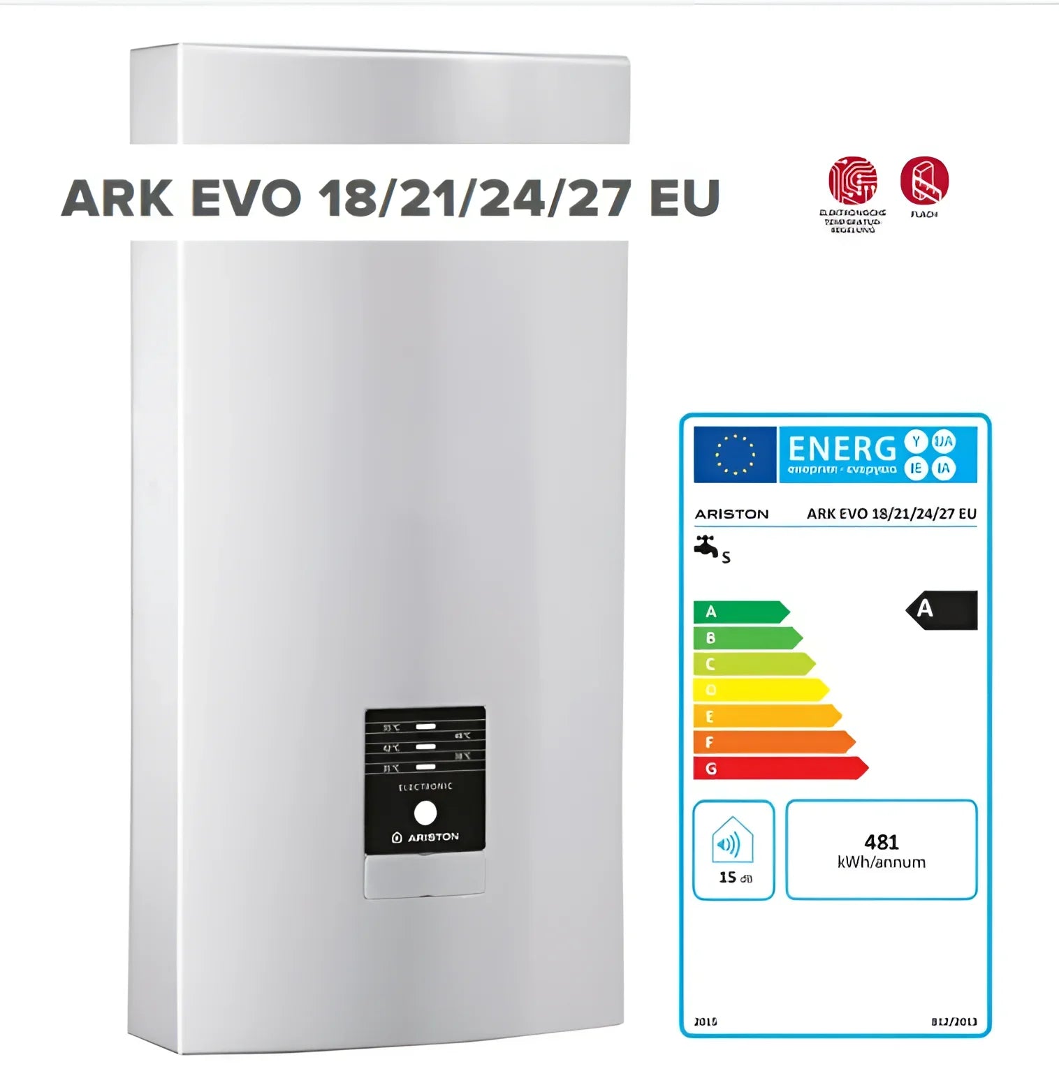 Weiße Ariston Wasserheizung mit Energieetikett für Durchlauferhitzer 18-27 kW, ideal für kaltes Trinkwasser