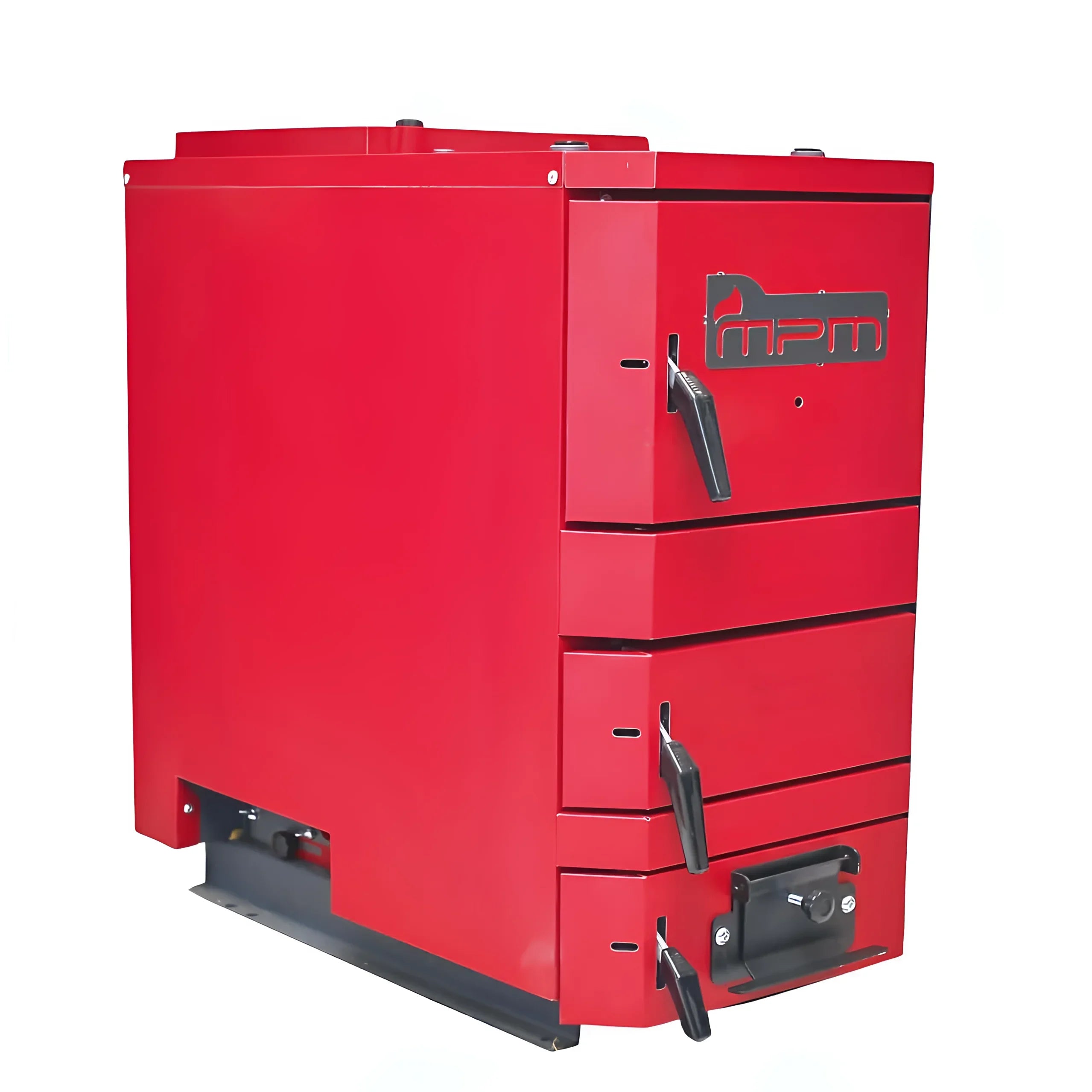 Roter Metallofen mit mehreren Zugangs- und Wartungstüren für effizientes Heizen