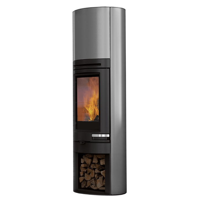 Edilkamin Tally S Evo 9,1 kW 💨 eleganter Kaminofen mit großem Fenster 🔥 und Holzlager, für behagliche Wärme 🏡.