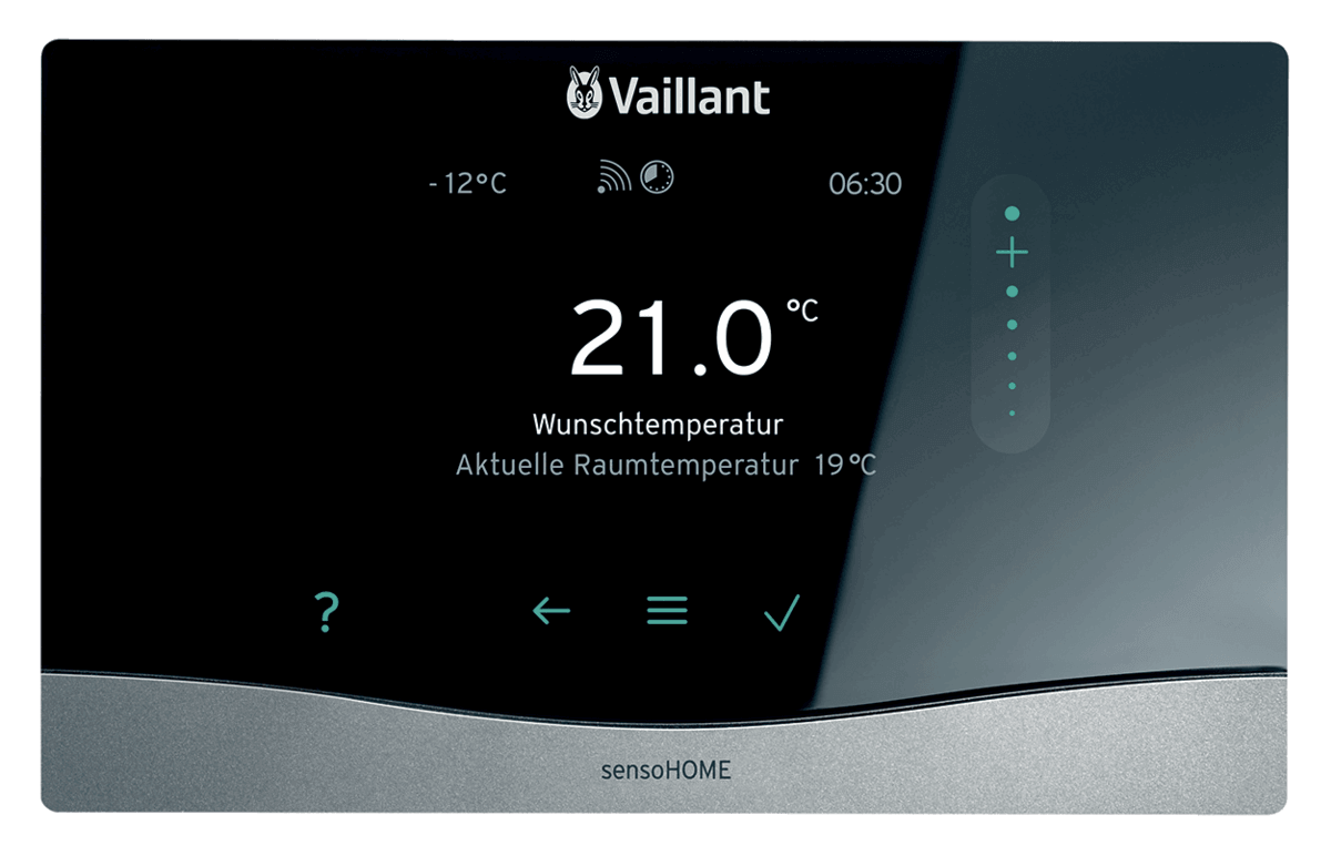 Vaillant Raumtemperaturregler sensoHOME mit Touch-Bedienung, 21°C Wunschtemperatur und aktueller Anzeige von 19°C 🌡️✨