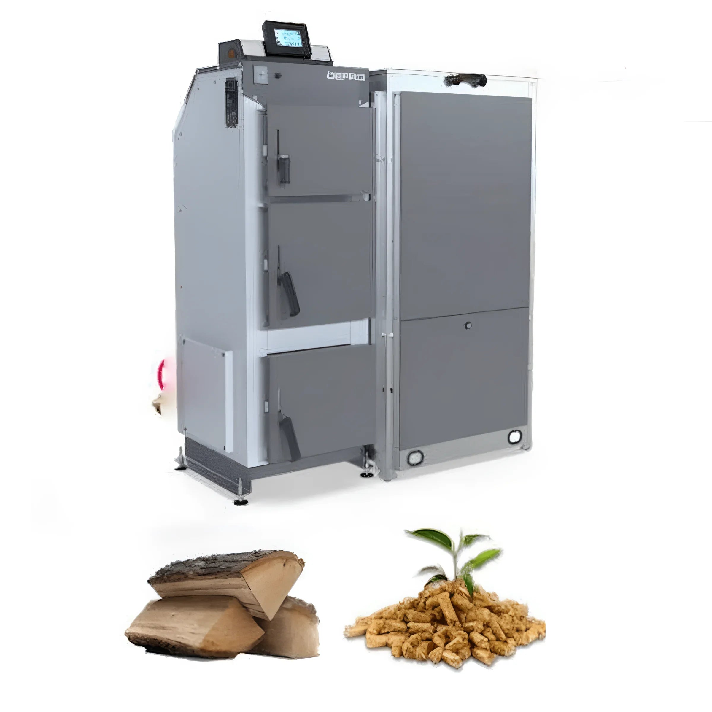 Graue silberne Holz- und Pelletkessel Defro Optima Ekopell 18 kW mit APC Regler