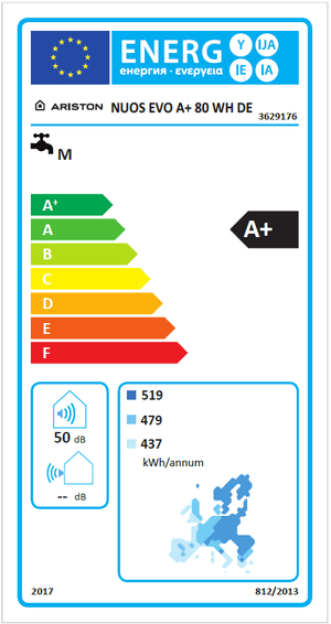 Energieeffizienzlabel für den Warmwasser Wärmepumpe-Warmwasserspeicher Ariston NUOS