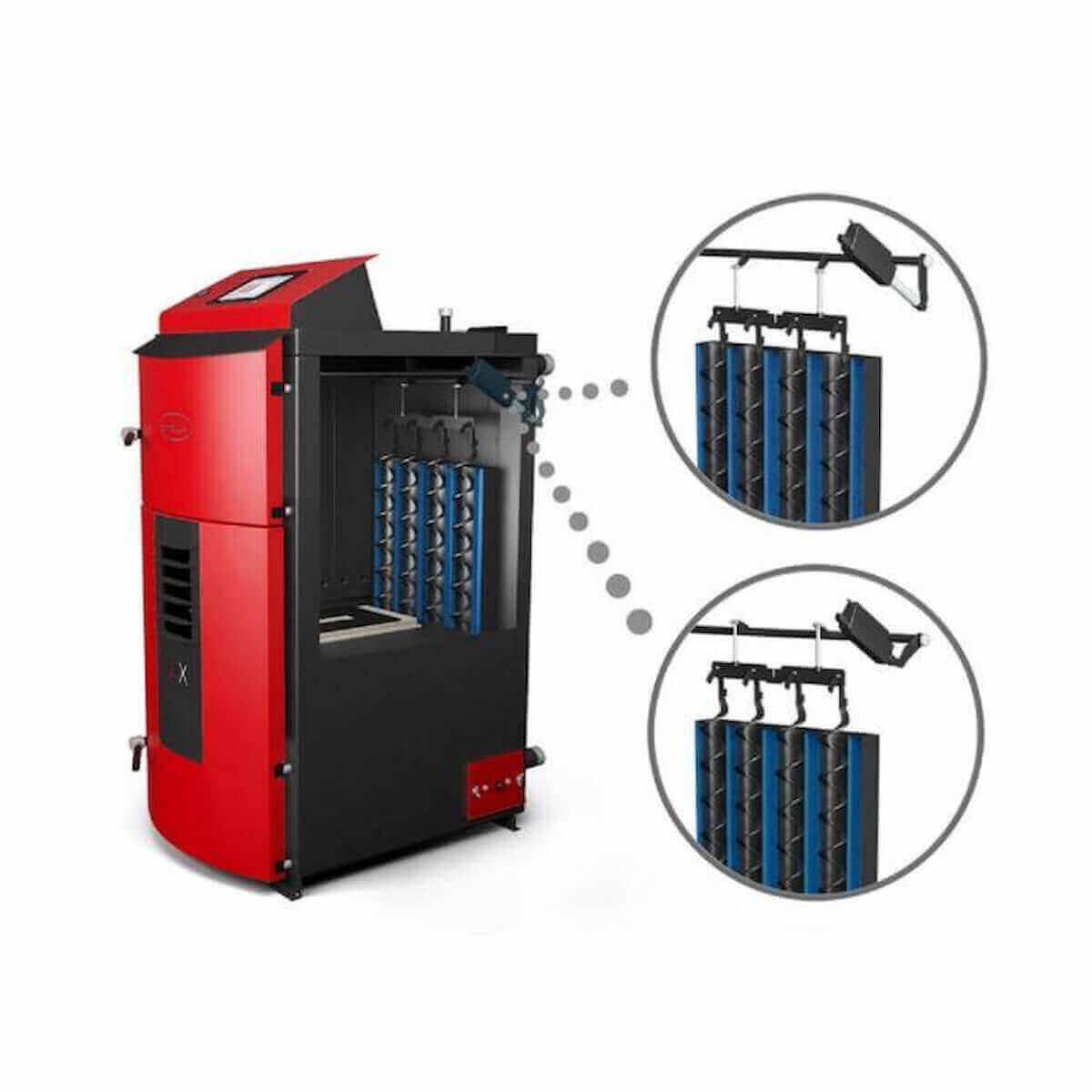 Roter und schwarzer Pelletkessel mit internen Komponenten für Attack SLX Kombikessel 20 kW