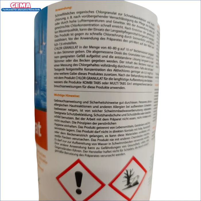 Pool Chlorgranulat 1 kg Produktlabel für effiziente Wasserdesinfektion und Poolpflege