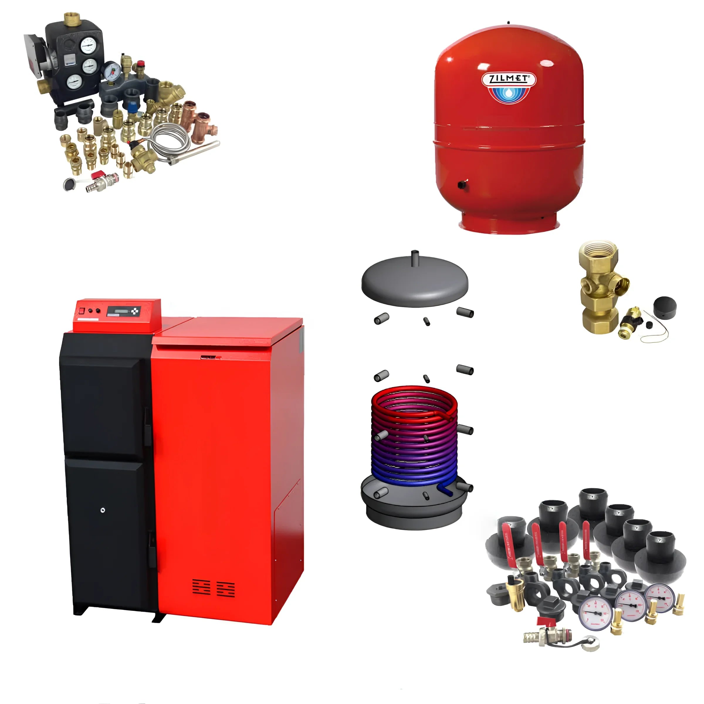Bild der Heizsystemkomponenten des Thermoflux Pelling 25/75 mit Liter Pufferspeicher und einfacher Bedienung