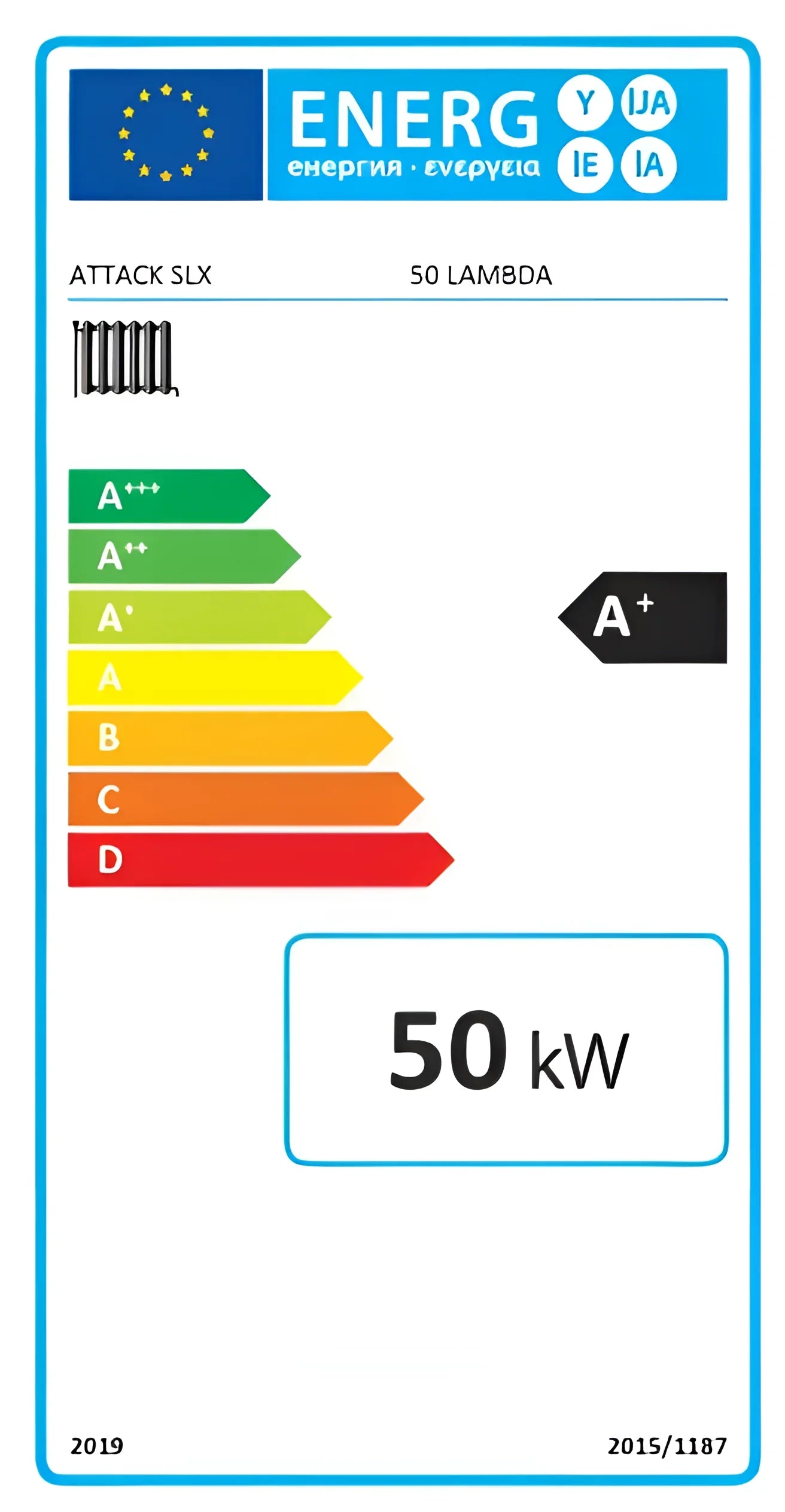 Energieeffizienzlabel für Holzvergaserkessel Attack SLX 🏆, 50 kW, A+ Bewertung für umweltfreundliches Heizen.