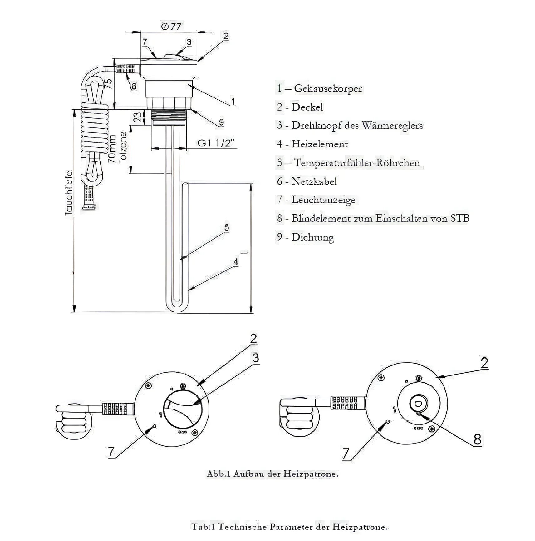 Cylindrischer Durchlauferhitzer MDC 400 plus Heizstab 3 kW mit Thermostat und Kabel