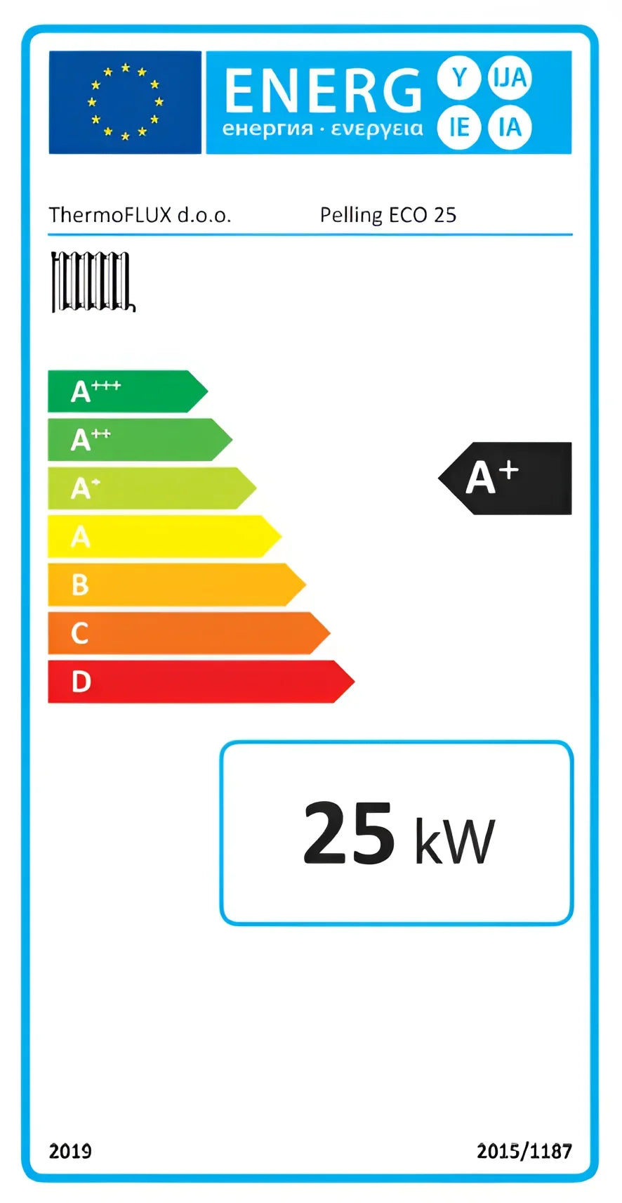 Energielabel für Thermoflux Pelling ECO 25 kW mit A+ Effizienz und Leistungsangabe 25 kW ♻️💡