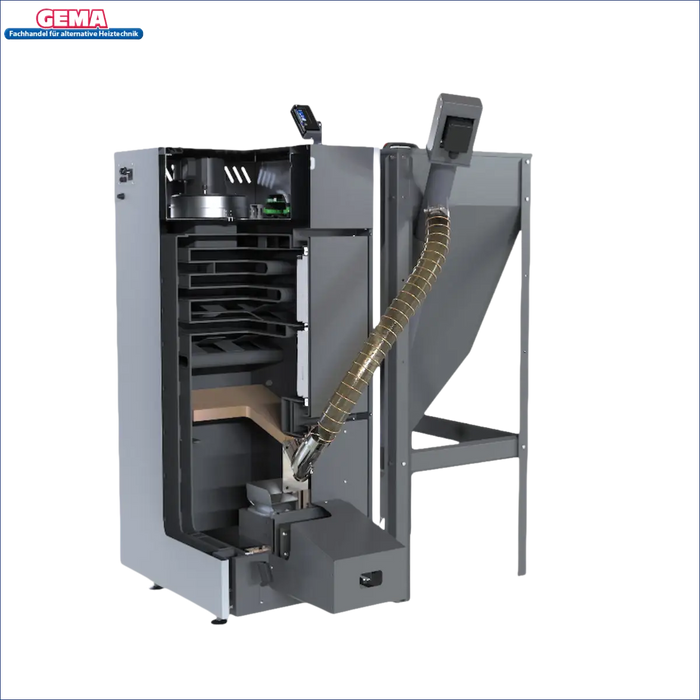 Grauer Pelletkessel NEXTPELL+ 16 kW mit Hoper für effiziente Heizleistung