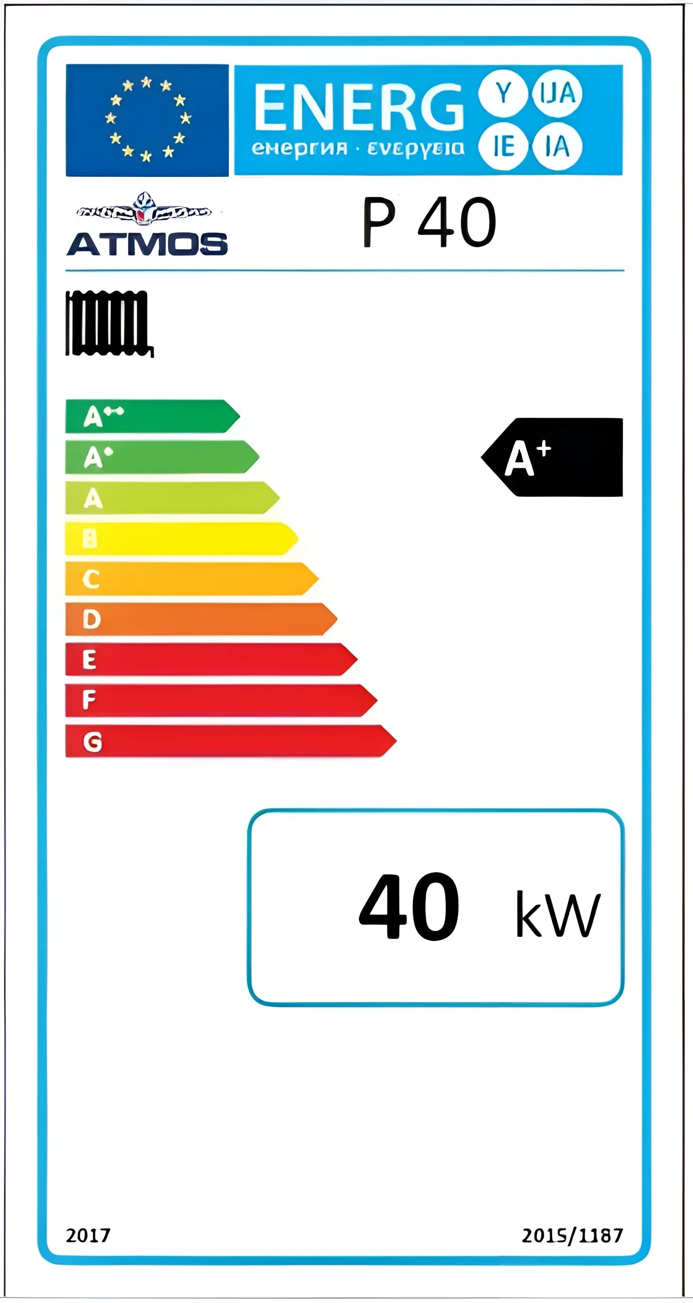 Energieeffizienzlabel für den Pelletkessel ATMOS P40 mit Holznotbetrieb und automatischer Ascheaustragung