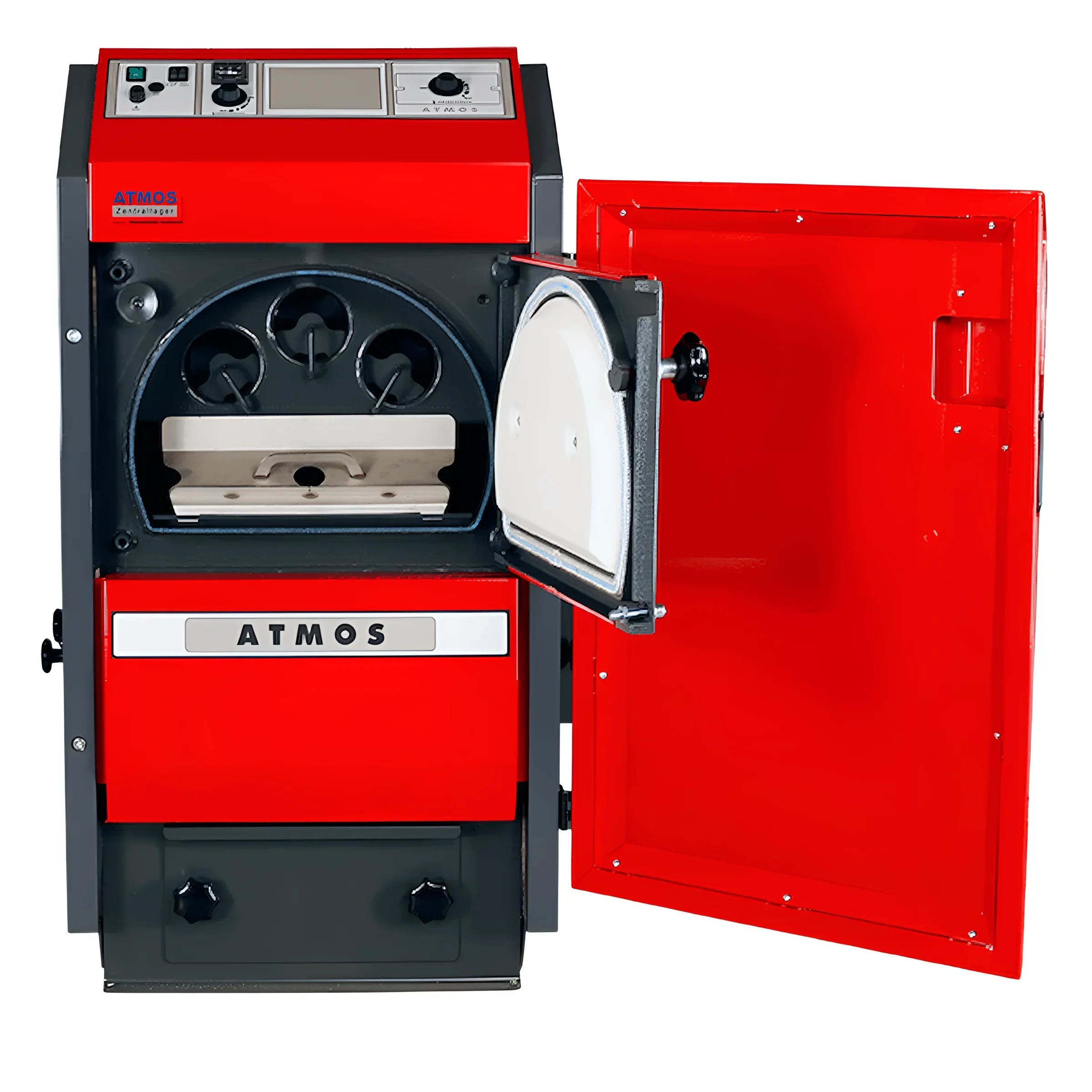Roter und grauer Holzvergaserkessel Pelletkessel ATMOS P25 aus der Atmos P Serie