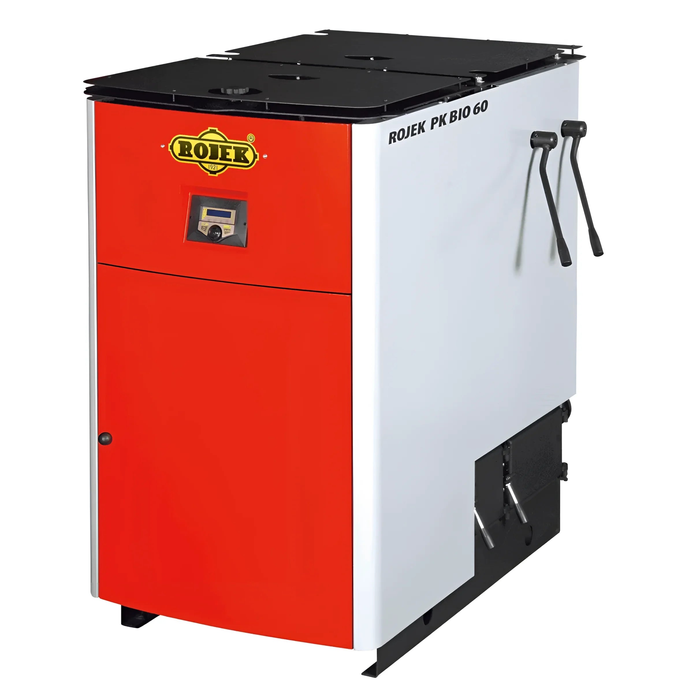 Rote und weiße Heizkessel für feste Brennstoffe im Holzvergaser Rojek PK Bio 60 kW