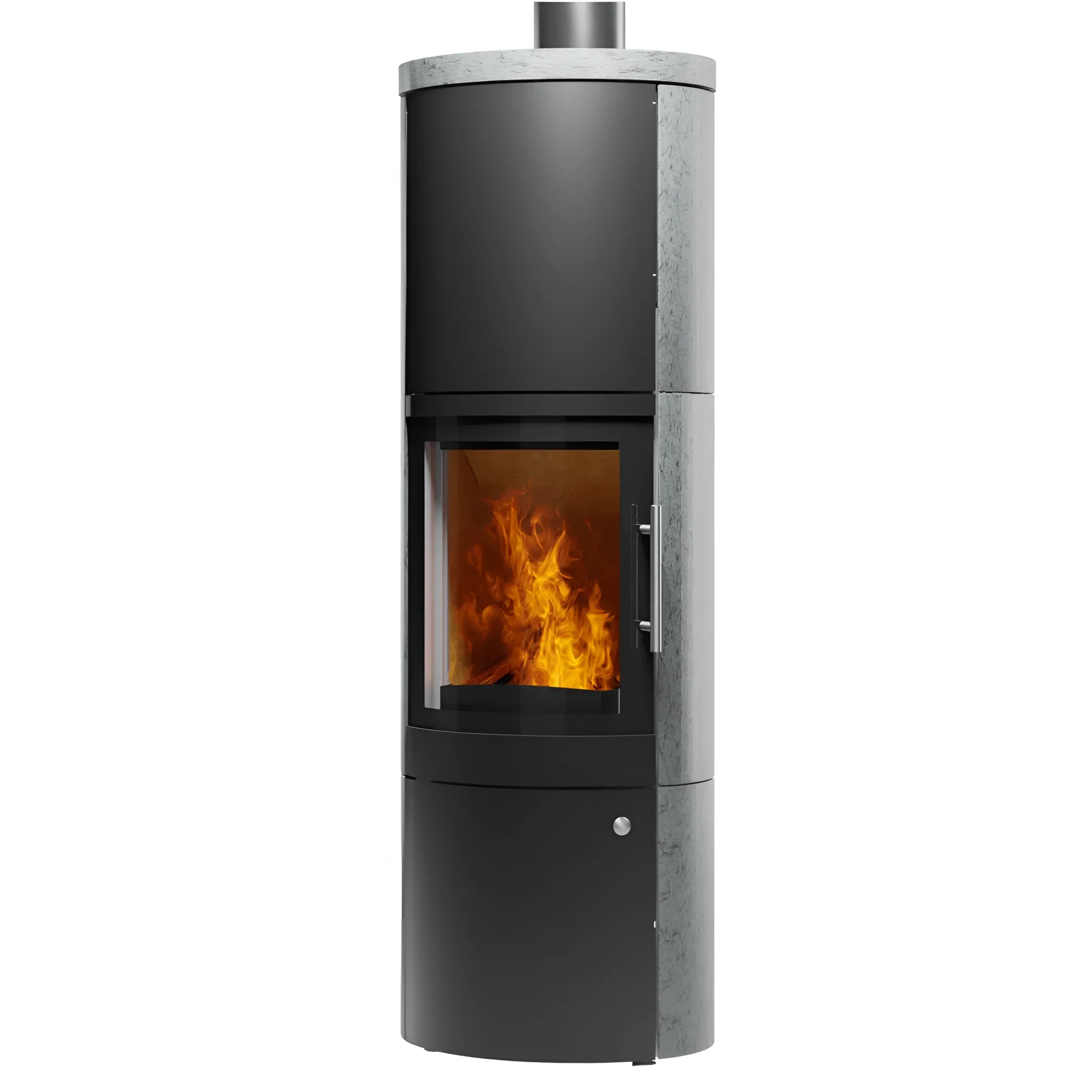 Kaminofen Leo 5kW mit 🔥 Flammen und optionalem Wärmespeicher für 🌡️ effektive Heizleistung.