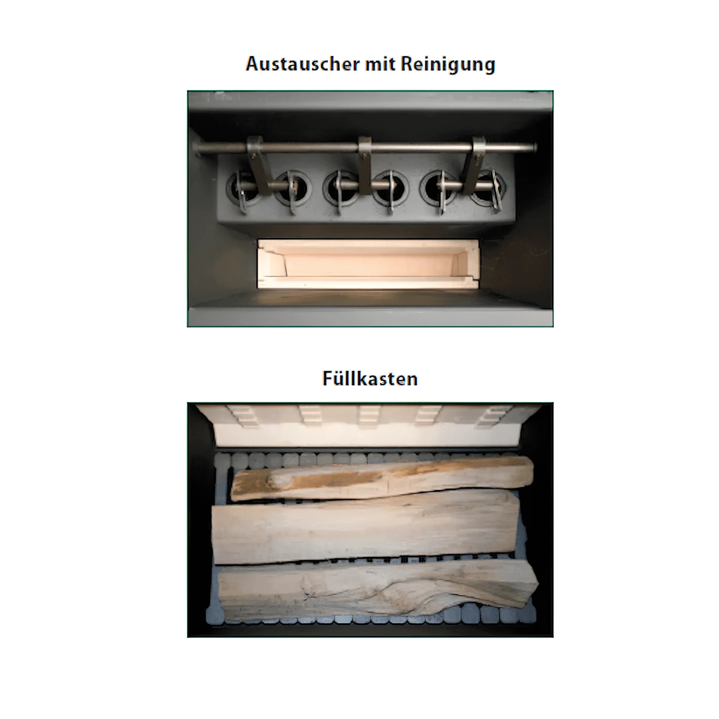 Innenansicht des Holzvergaser ROJEK PK BIO 60 kW mit brennendem Holzfeuer