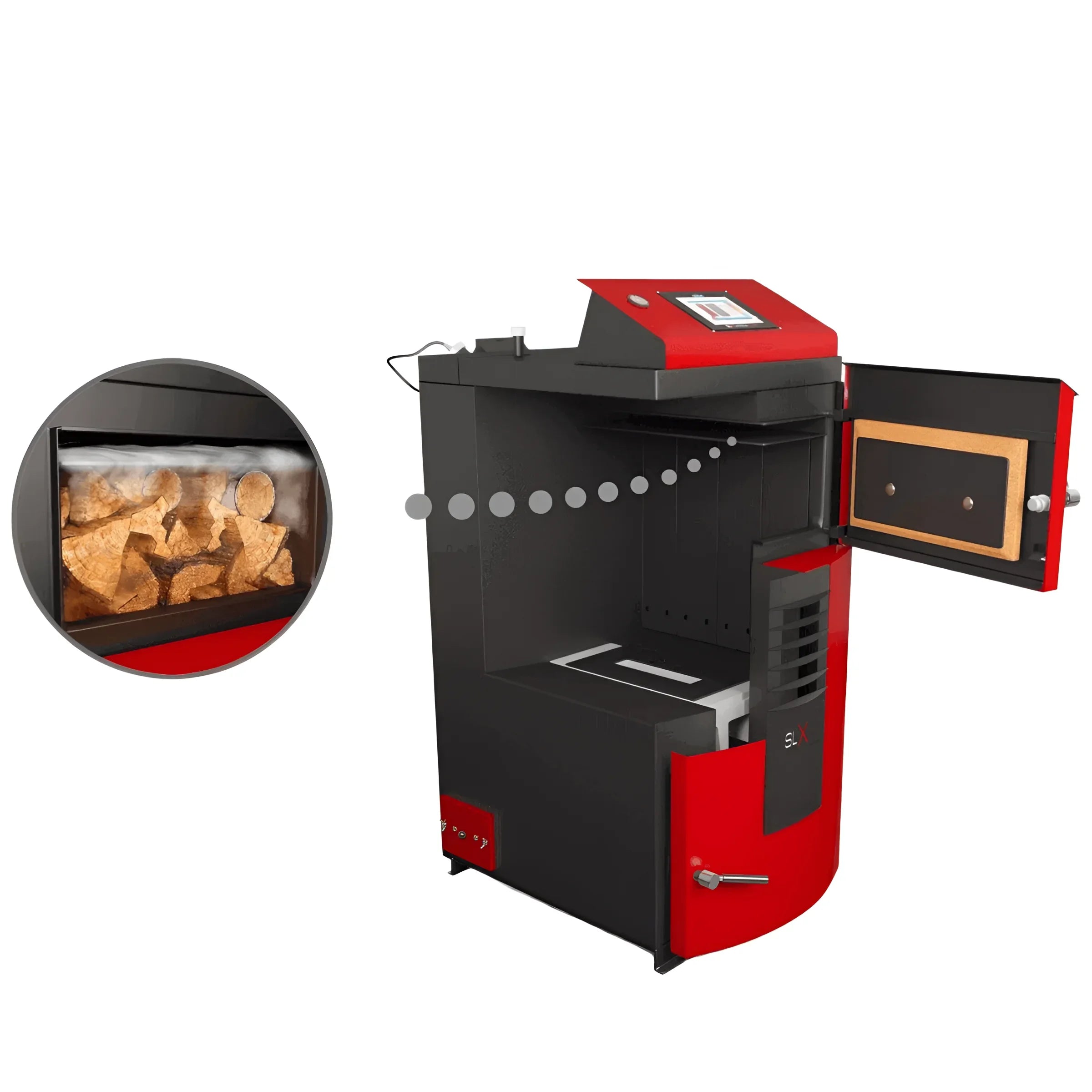 Roter und schwarzer Holzvergaserkessel Attack SLX Lambda 50 kW für effiziente Heizung