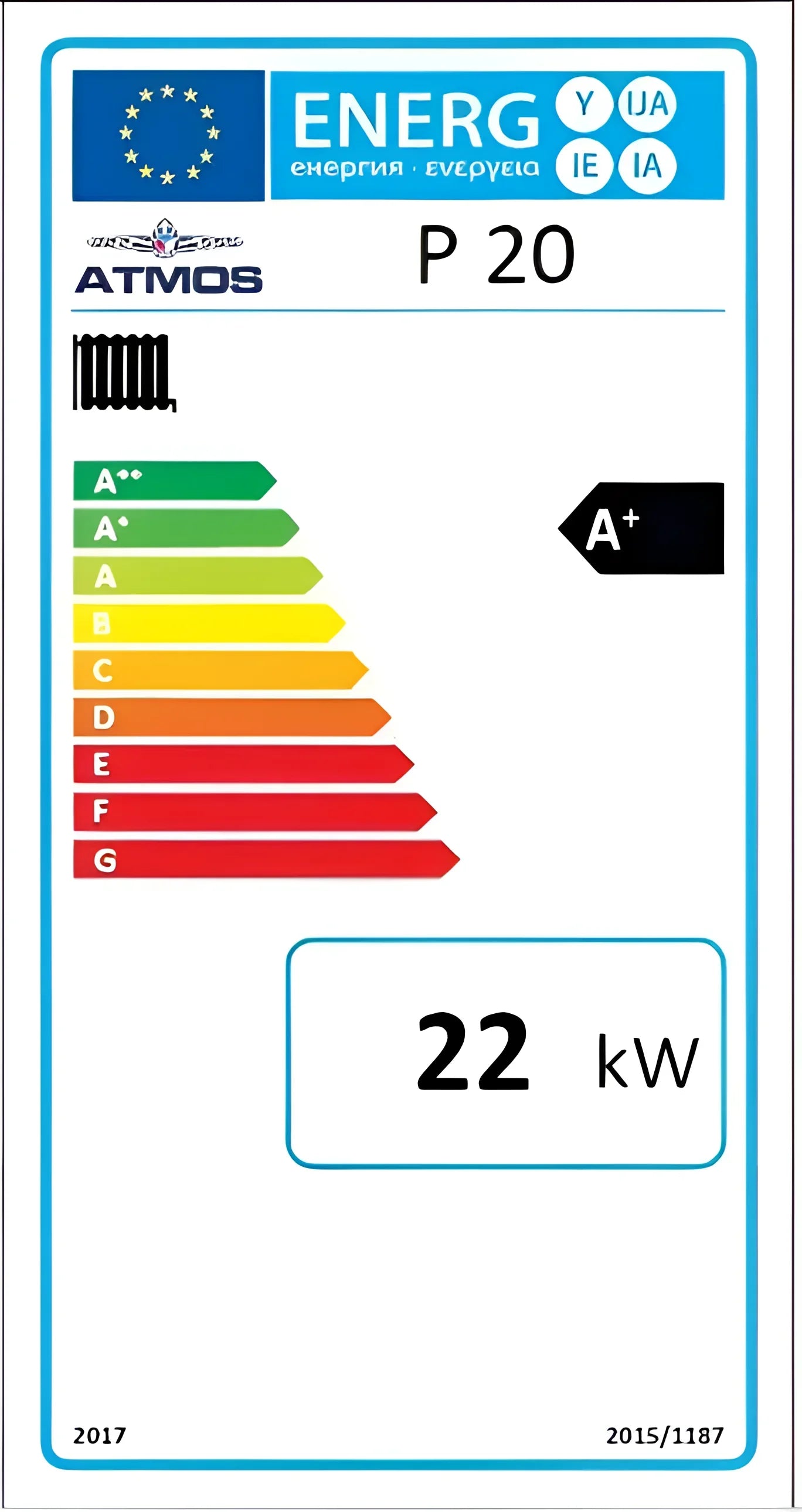 Energieeffizienzlabel für den atmos P20 Pelletkessel mit Holznotbetrieb, bafa förderfähig