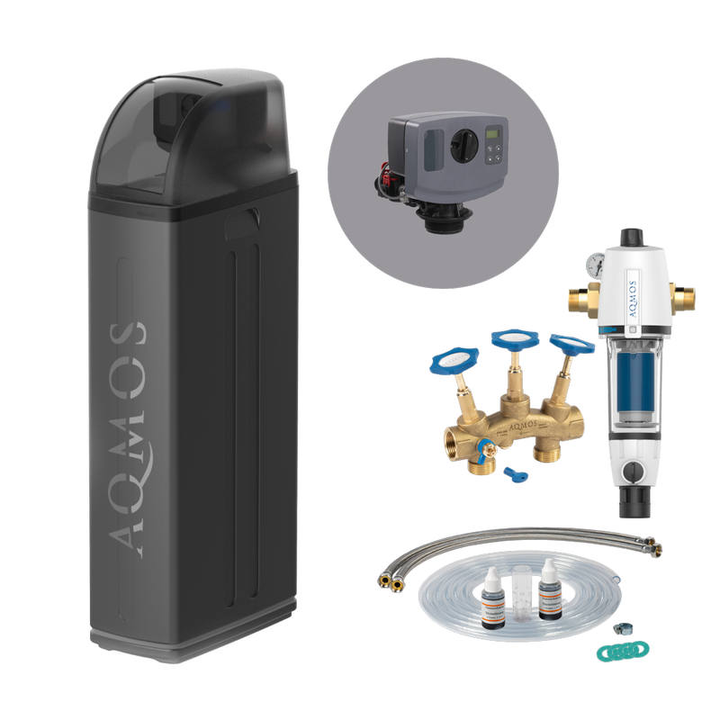 Zařízení na změkčování vody AQMOS R2D2-72 Black Edition sada se zpětným proplachovacím filtrem, připojovací sadou a montážním blokem
