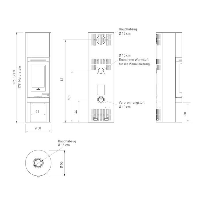 Technische Zeichnung des Edilkamin Tally S Evo 9,1 kW Kaminofens mit Abmessungen und Anschlüssen 🔥✨