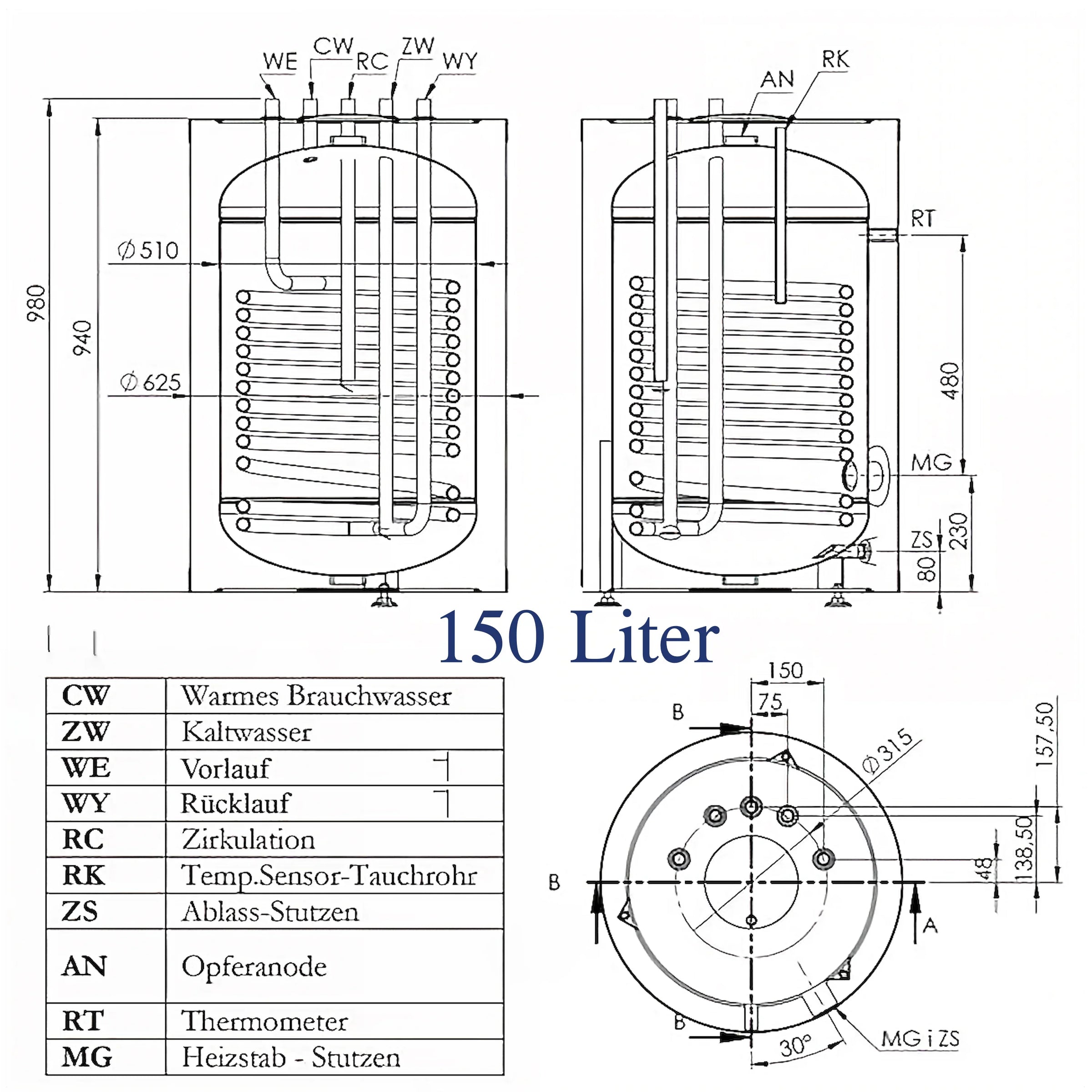 Technische Zeichnung eines Warmwasserspeichers mit Incoloy 825 Heizstab für Brauchwasser