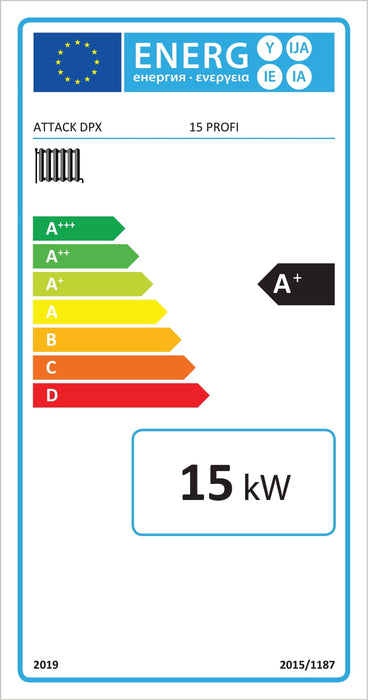 Energieeffizienzlabel für Holzvergaserkessel ATTACK DPX 15 kW mit A+ Bewertung, zeigt den Energieverbrauch und Umweltfreundlichkeit 🌍