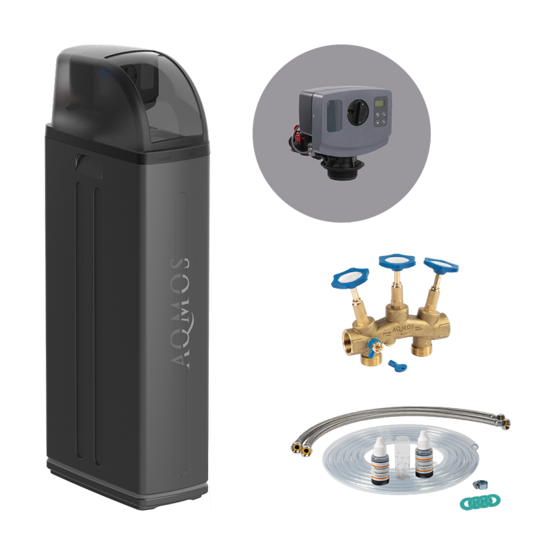 Wasserenthärtungsanlage Aqmos R2D2-72 Black Edition mit Anschlussset und Montageblock