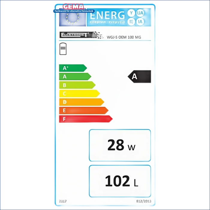 Energieeffizienzlabel für Warmwasser mit Photovoltaik Heizstab auf Produktetikett