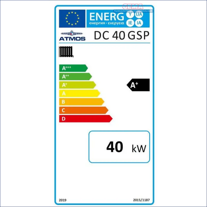Energieeffizienzlabel für den Blauer und grauer Holzvergaser- und Festbrennstoffkessel mit A+ Bewertung und 40 kW Leistung