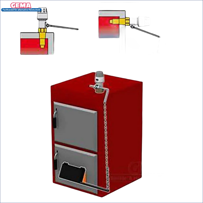 Roter und grauer Holzheizkessel mit Caleffi Feuerzugregler für Festbrennstoffkessel
