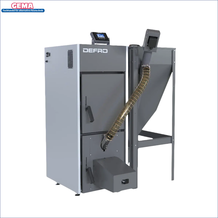 Grauer und weißer Pelletkessel mit Hopper für Pelletsystem NEXTPELL+ 16 kW