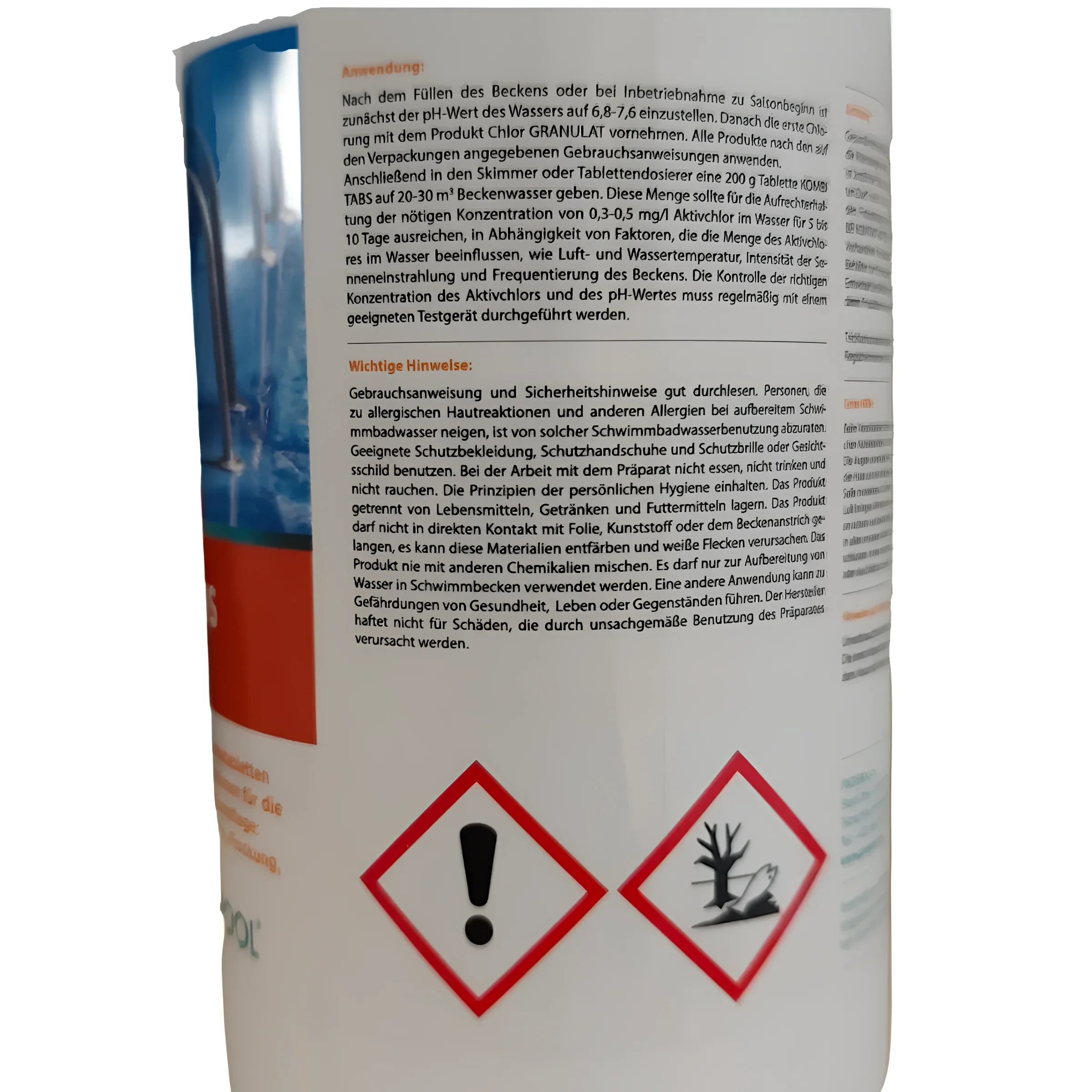 Kombi Tabs 200g Poolreinigungstabletten mit Anwendungshinweisen und Warnsymbolen für sichere Nutzung 🏊‍♂️💧