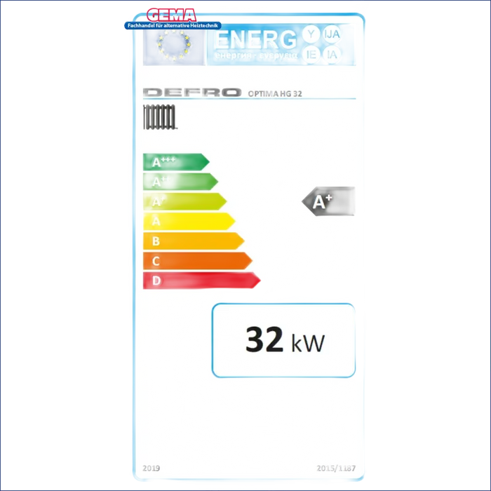 Energieeffizienzlabel für den Defro Optima HG 32 Holzvergaserkessel 32 kW
