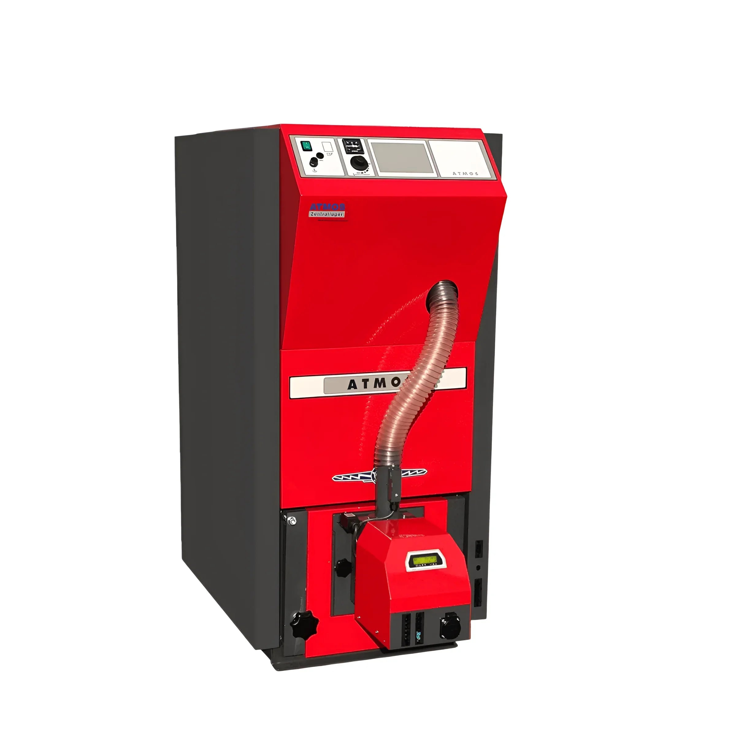 Bild eines roten und grauen Pelletkessel ATMOS PX20 mit Pellet Brenner