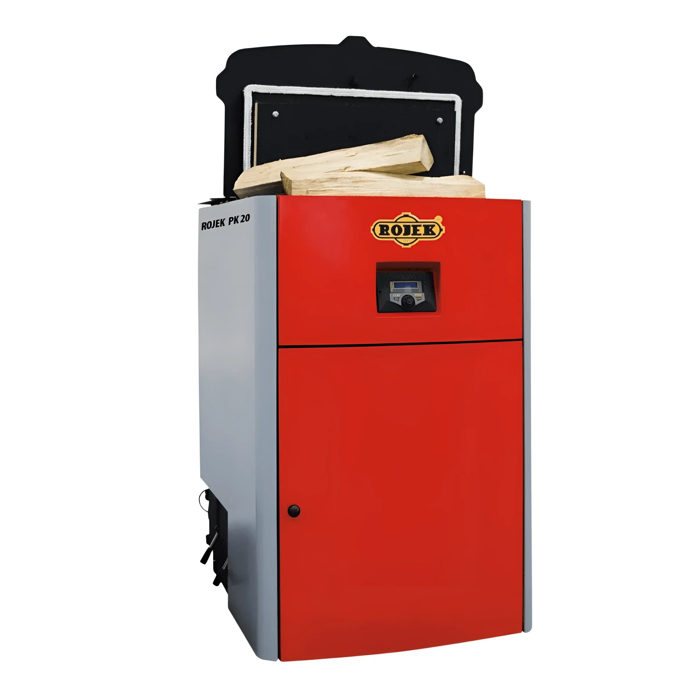 Roter und grauer Holzvergaser ROJEK PK BIO 50 kW mit automatischem Betrieb