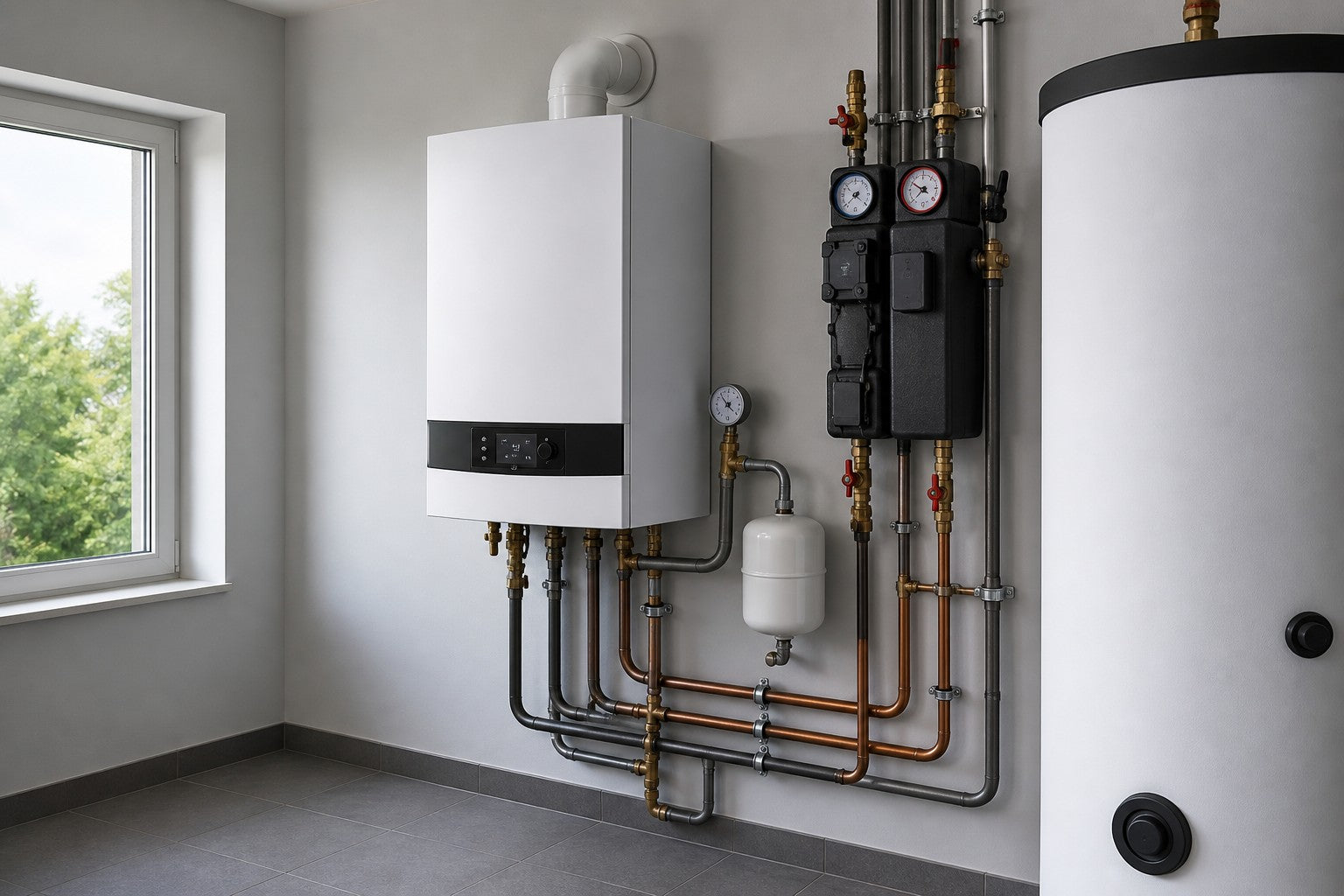 Gas-Brennwertgerät im modernen Heizraum mit Speicher und sauberer Rohrinstallation