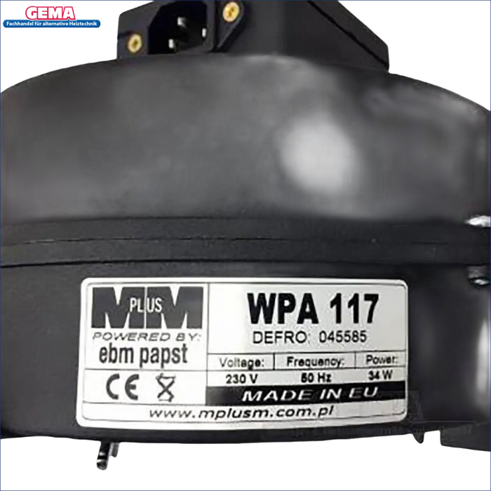 Schwarzes elektronisches Gerät mit Label im Gebläse WPA 117 Defro 3,9 KW Festbrennstoffkessel