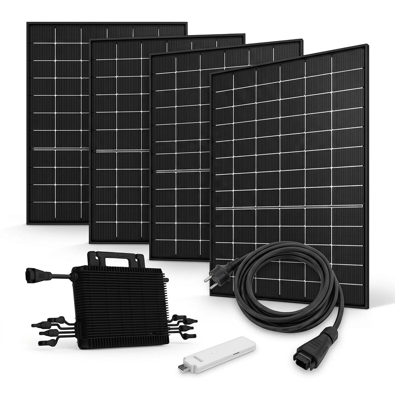 GEMA Shop Balkonkraftwerk 1,84 kWp mit 4 bifazialen Jolywood Solarmodulen, Hoymiles Wechselrichter und Zubehör