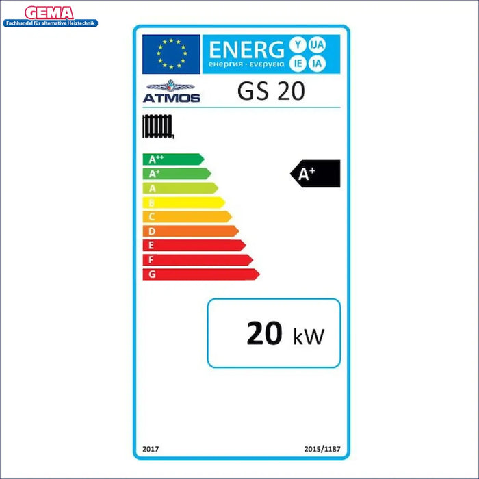 Energielabel des Atmos GS 20 Heizkessels mit einer Effizienz von A+ und einer Leistung von 20 kW 🔥. 