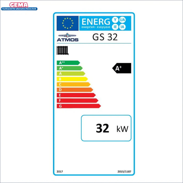 Energieeffizienzlabel für Atmos GS 32 Heizkessel 🔥, zeigt A+ Rating und 32 kW Leistung.