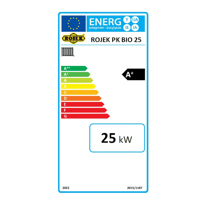 Energieeffizienzlabel für ROJEK PK BIO 25 kW, bewertet mit A+, zeigt Heizleistung und Verbrauch.