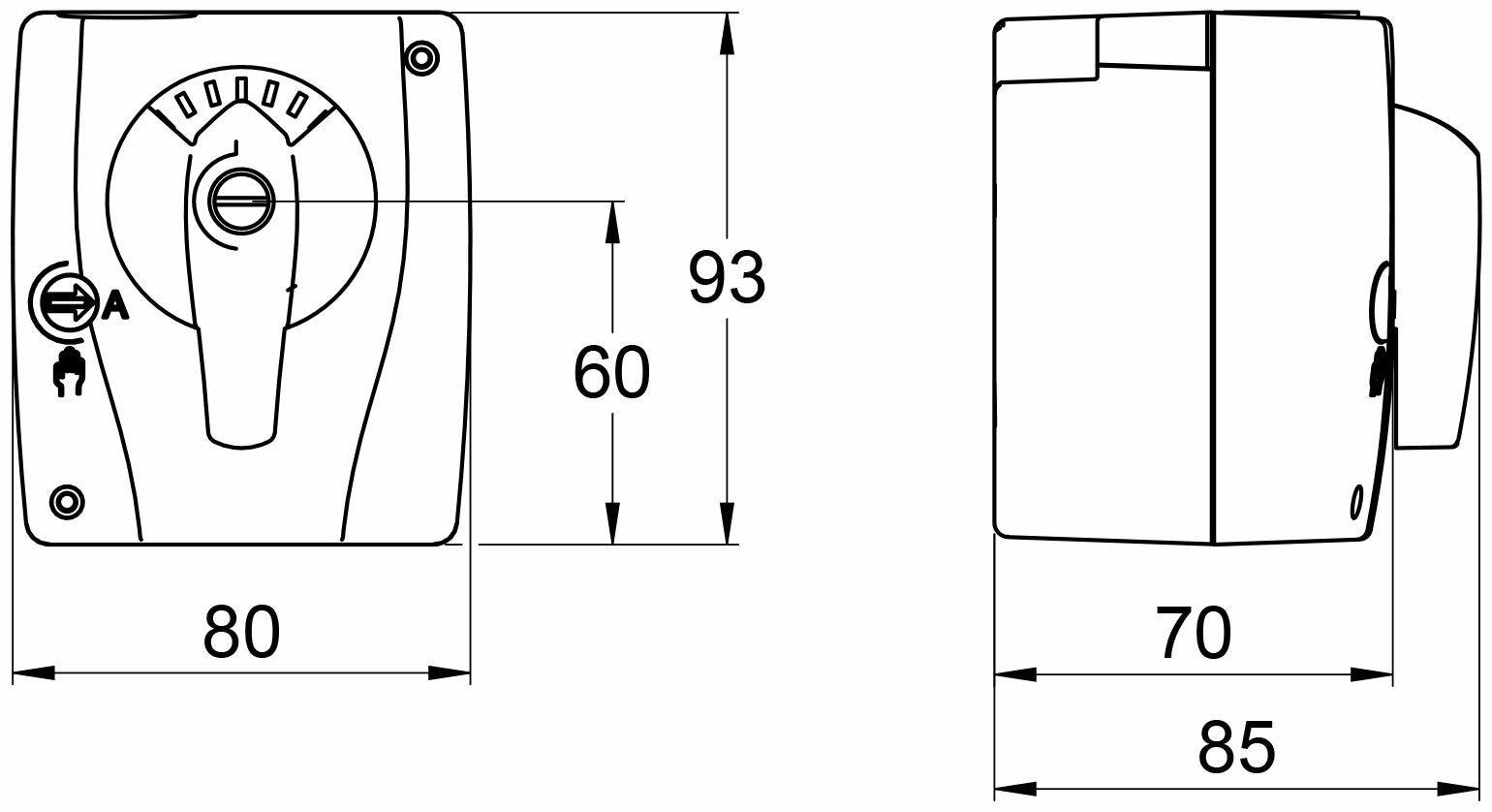 Bild eines LK 950 Stellmotors mit Dimensionen, ideal für Volt Mischerantrieb und 3-Punkt SPDT Boilers