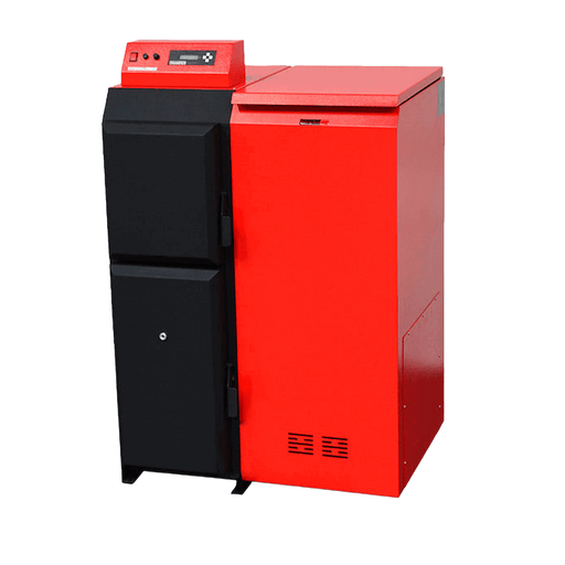 Thermoflux 25/135 Pelletkessel in Rot und Schwarz 🔥 für nachhaltiges Heizen mit Pellettechnologie ♻️.
