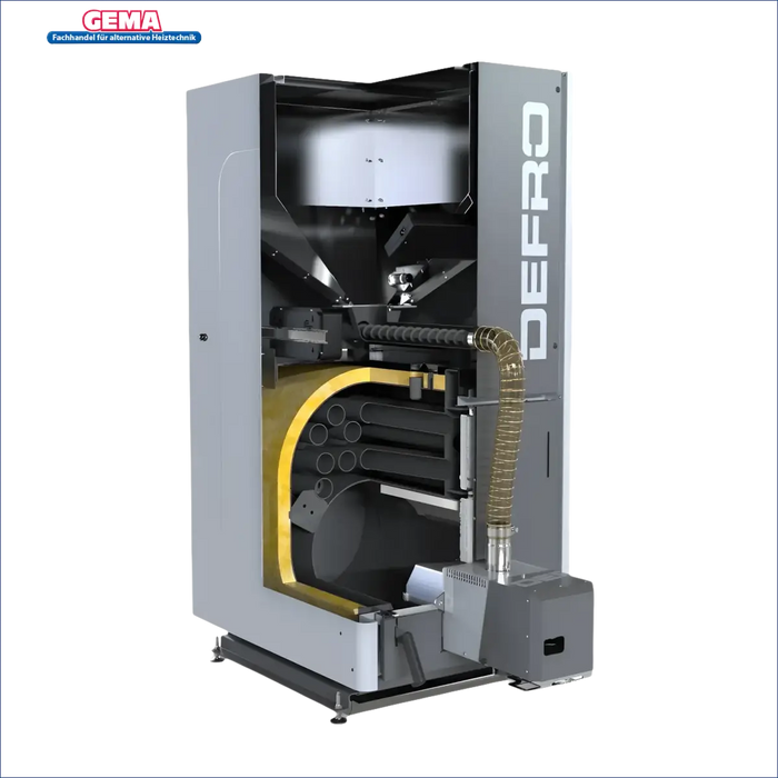 Ansicht eines grauen Industrieofens mit Schnittmodell für Pelletkessel Defro Bioslim 20 kW