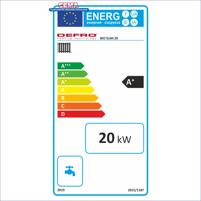 Energieeffizienzlabel für Heizgerät Pelletkessel Defro Bioslim 20 kW