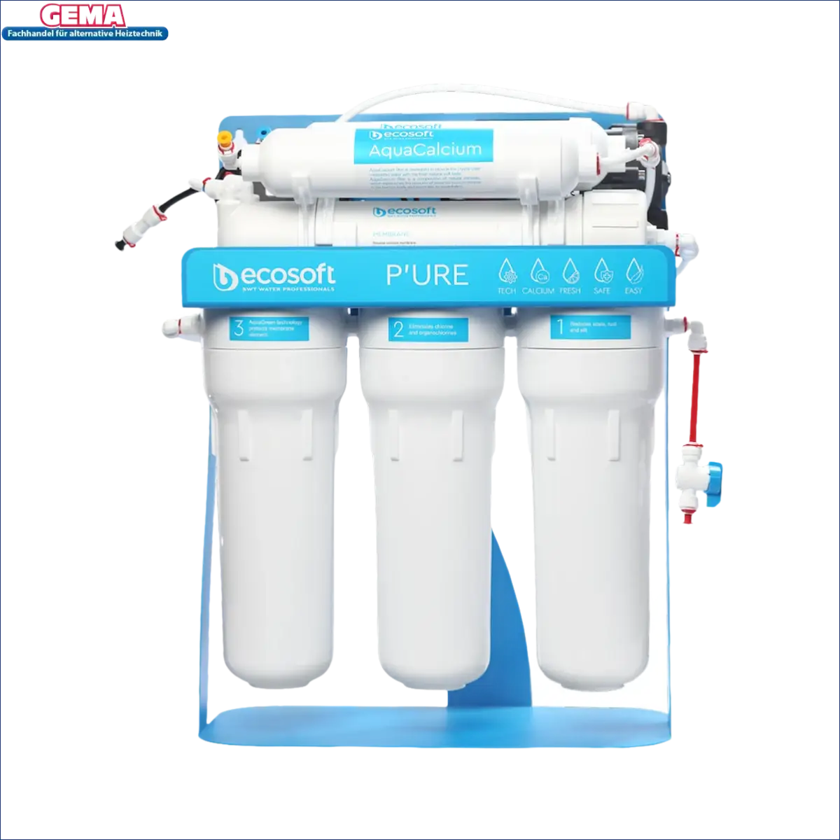 Wasserfiltrationssystem mit drei weißen zylindrischen Filtern für die Umkehrosmoseanlage Pure Aquacalcium